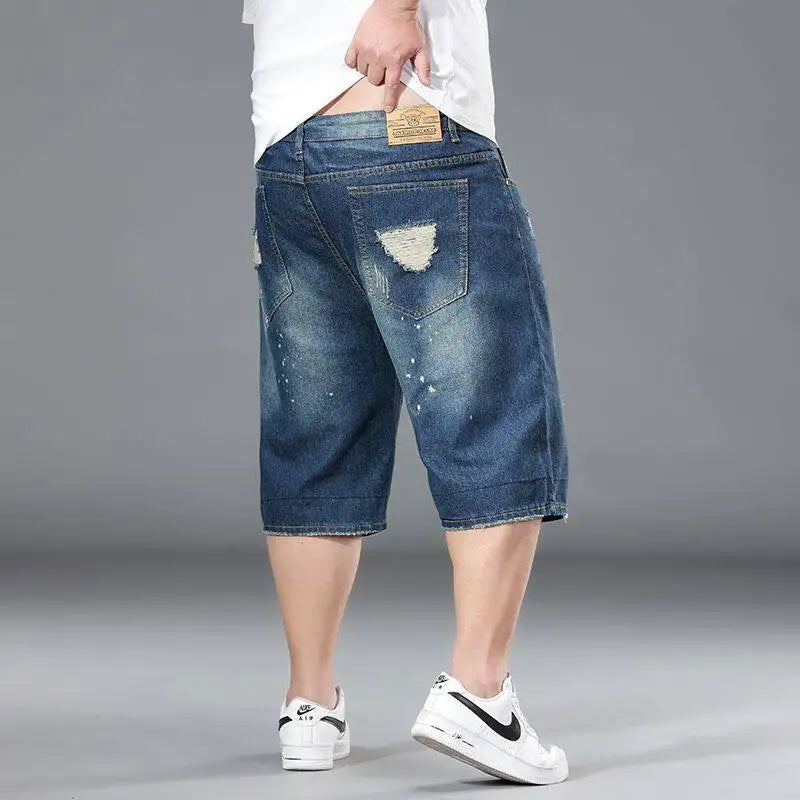 Blue Men's Denim Shorts Fashion Casual Jeans Short Pants with Pockets ripped and Scratch Decoration Asian Size 28-40 42 44 46 48