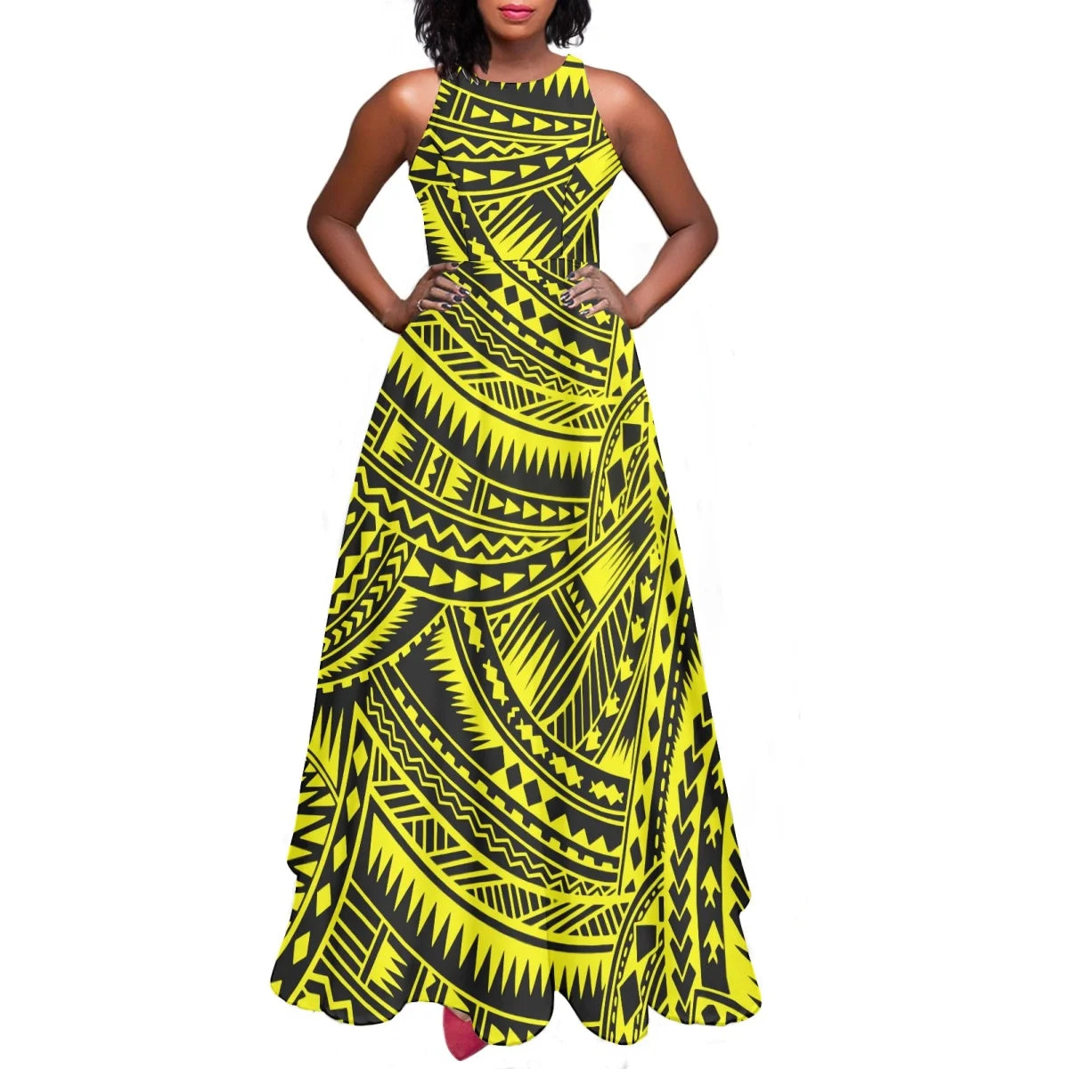 Sleeveless Large Skirt Navy Blue Tapa Traditional Print Round Neck Women Polynesian Tribal Design Casual Fashion Dress Prom