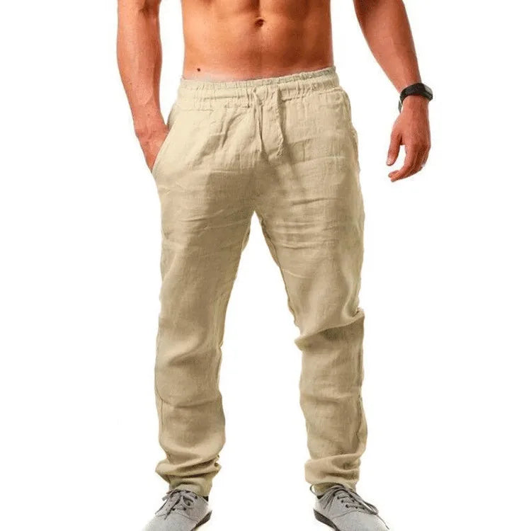 Vintage Men Pleated Cotton Linen Casual Pants Drawstring Side Zip Elastic Waist Comfort Breathable Beach Trousers Straight Pants