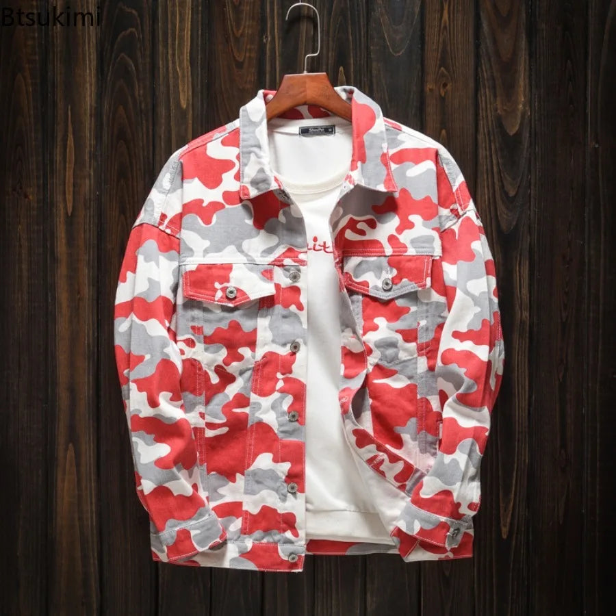 Spring Autumn Men's Fashion Denim Jackets Vintage Streetwear Loose Casual Lapel Button Camouflage Print Pockets Jean Coats Male