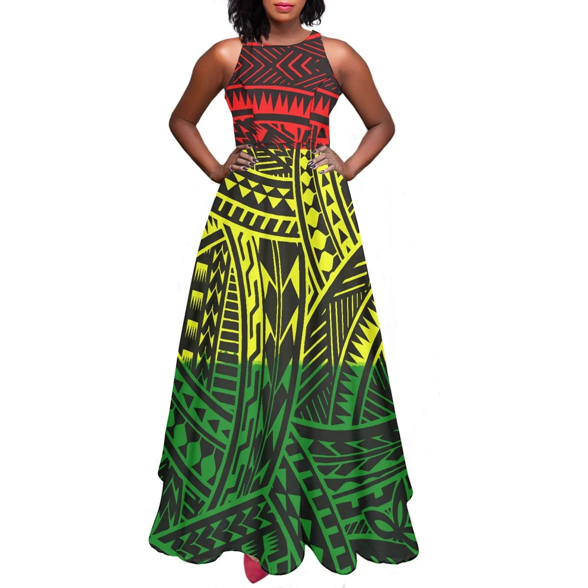 Sleeveless Large Skirt Navy Blue Tapa Traditional Print Round Neck Women Polynesian Tribal Design Casual Fashion Dress Prom