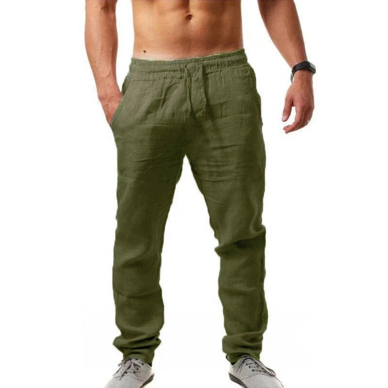 Vintage Men Pleated Cotton Linen Casual Pants Drawstring Side Zip Elastic Waist Comfort Breathable Beach Trousers Straight Pants