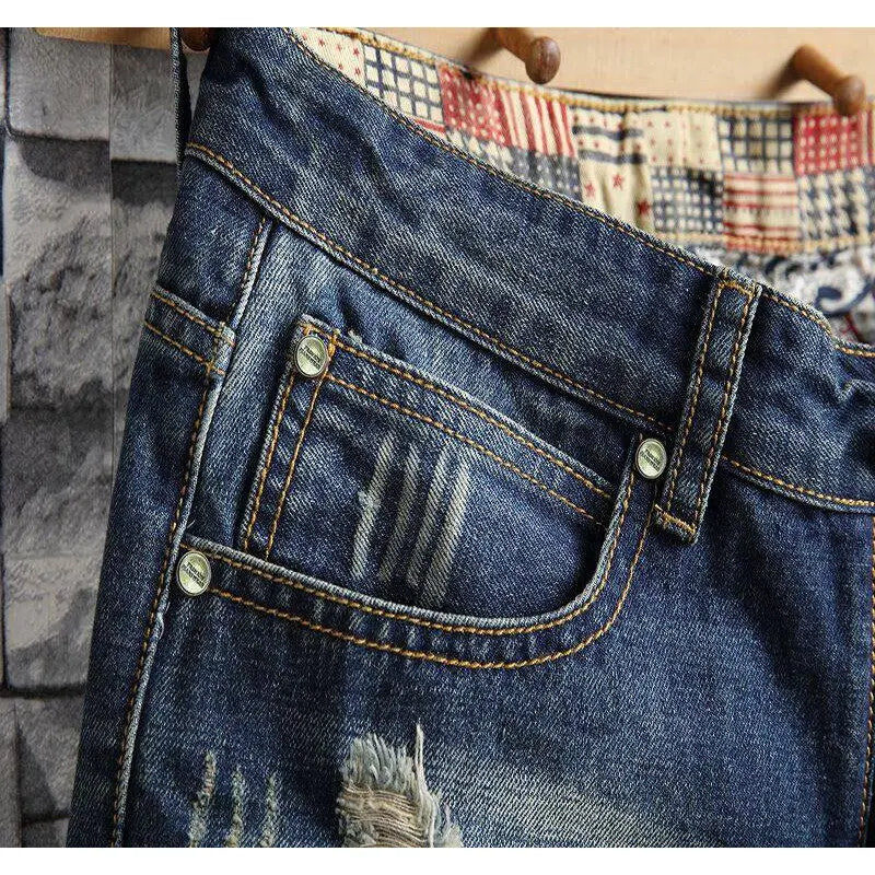 Blue Men's Denim Shorts Fashion Casual Jeans Short Pants with Pockets ripped and Scratch Decoration Asian Size 28-40 42 44 46 48
