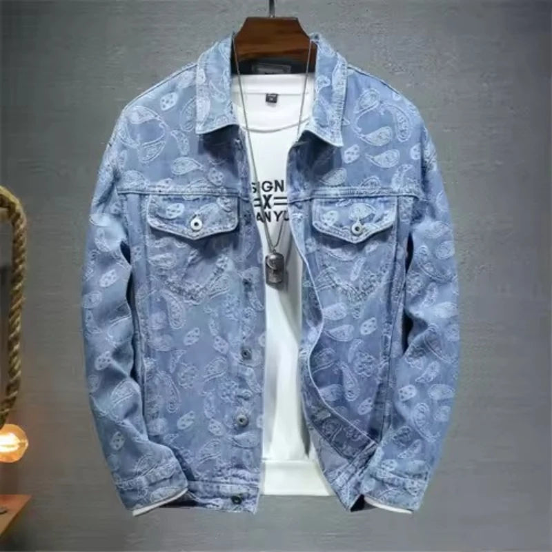 New 2025 Spring Japanese Vintage Printed Denim Jacket Men Streetwear Fashion Loose Cowboy Jean Jacket Man Clothing