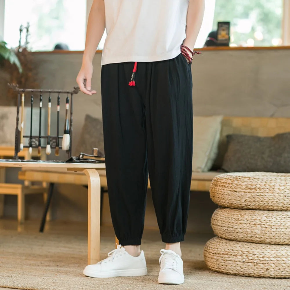 Men's Cotton and Linen Harem Pants Casual Loose Oversize Beach Pants Chinese Style Wide Leg Trousers Joggers Men Summer