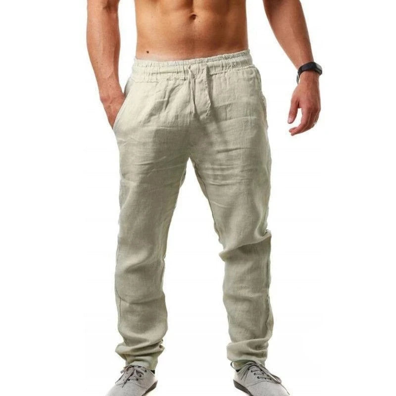 Vintage Men Pleated Cotton Linen Casual Pants Drawstring Side Zip Elastic Waist Comfort Breathable Beach Trousers Straight Pants