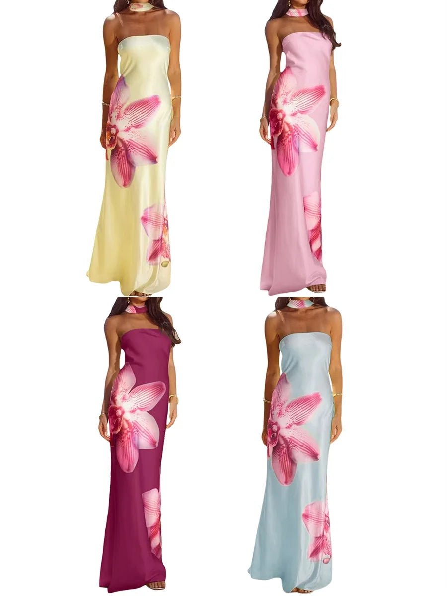 Summer Long Dress with Scarf Women Tube Dress Elegant Strapless Backless Flower Print