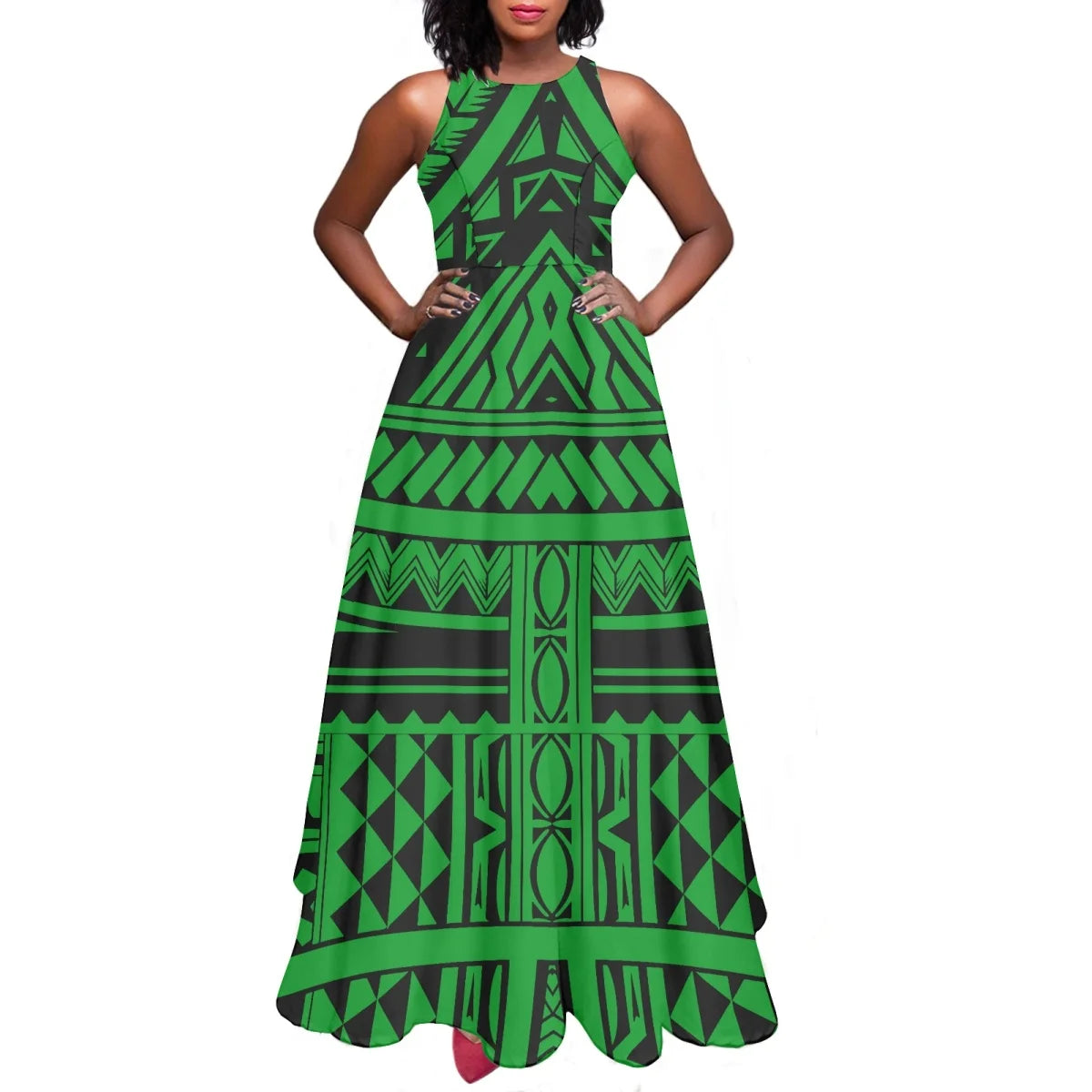 Sleeveless Large Skirt Navy Blue Tapa Traditional Print Round Neck Women Polynesian Tribal Design Casual Fashion Dress Prom