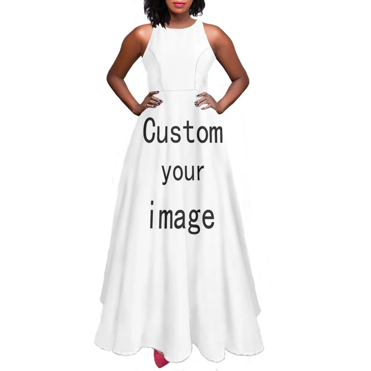 Sleeveless Large Skirt Navy Blue Tapa Traditional Print Round Neck Women Polynesian Tribal Design Casual Fashion Dress Prom
