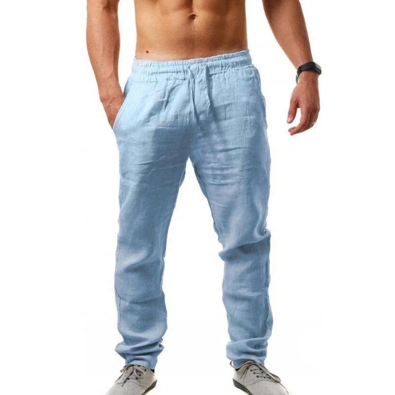 Vintage Men Pleated Cotton Linen Casual Pants Drawstring Side Zip Elastic Waist Comfort Breathable Beach Trousers Straight Pants