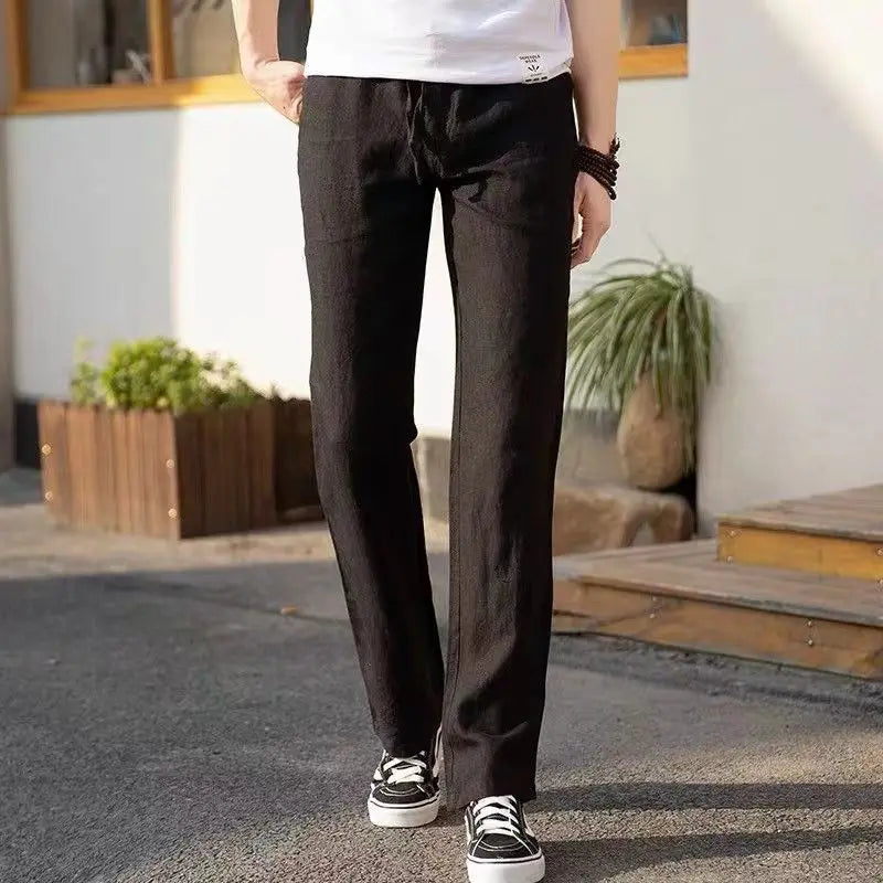 Vintage Men Pleated Cotton Linen Casual Pants Drawstring Side Zip Elastic Waist Comfort Breathable Beach Trousers Straight Pants