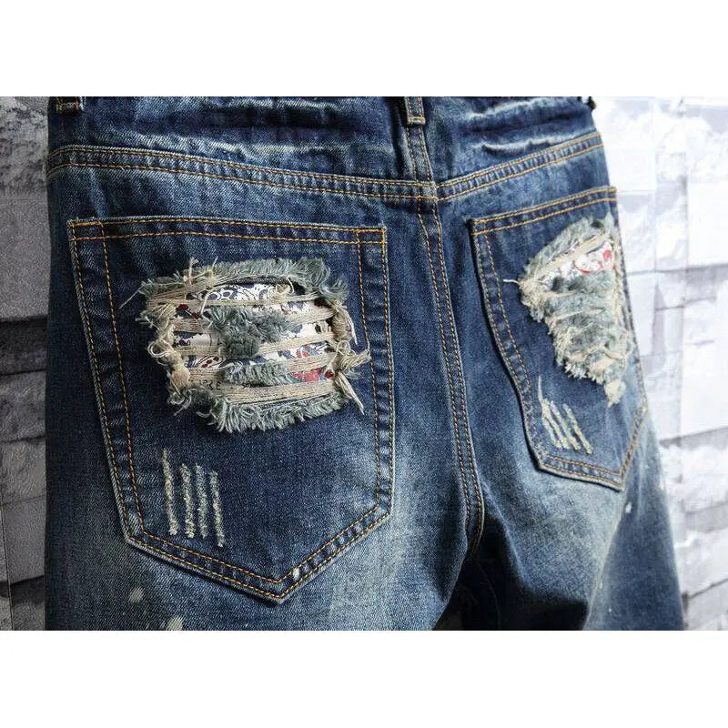 Blue Men's Denim Shorts Fashion Casual Jeans Short Pants with Pockets ripped and Scratch Decoration Asian Size 28-40 42 44 46 48
