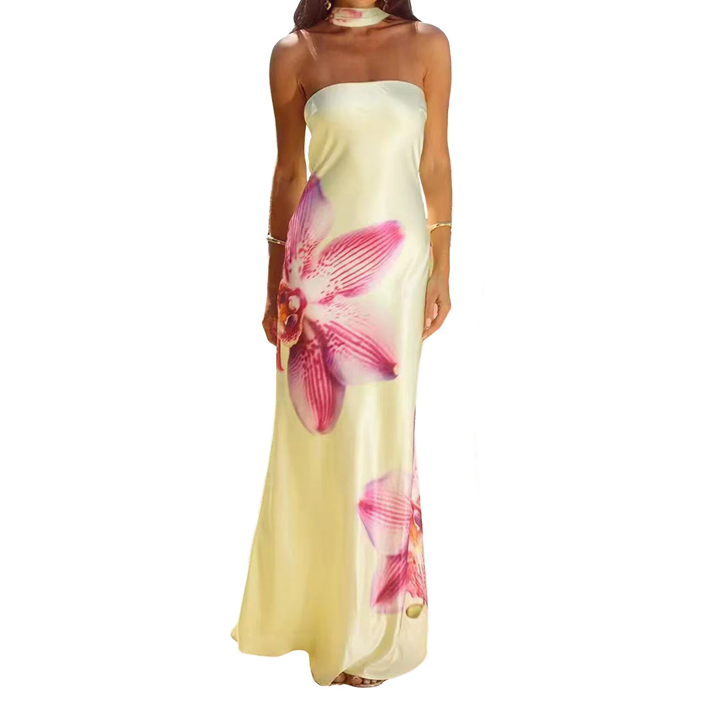 Summer Long Dress with Scarf Women Tube Dress Elegant Strapless Backless Flower Print