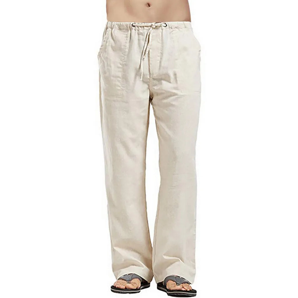 Vintage Men Pleated Cotton Linen Casual Pants Drawstring Side Zip Elastic Waist Comfort Breathable Beach Trousers Straight Pants