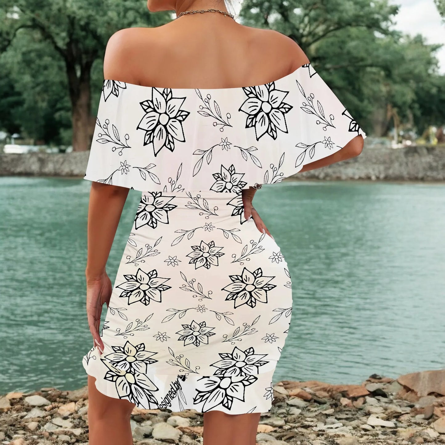 Women's 2025 Spring/Summer New Customized Casual Loose Swinging Collar Shoulder Printed Flower Strap Dress