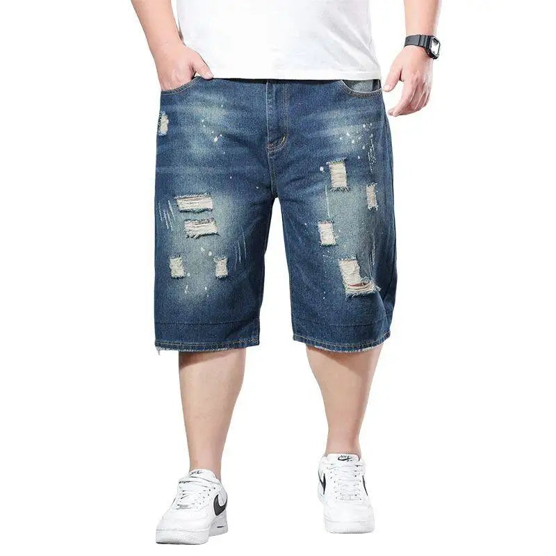 Blue Men's Denim Shorts Fashion Casual Jeans Short Pants with Pockets ripped and Scratch Decoration Asian Size 28-40 42 44 46 48