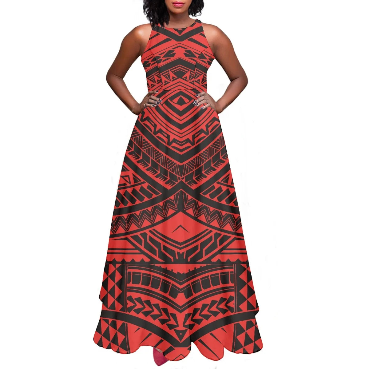 Sleeveless Large Skirt Navy Blue Tapa Traditional Print Round Neck Women Polynesian Tribal Design Casual Fashion Dress Prom