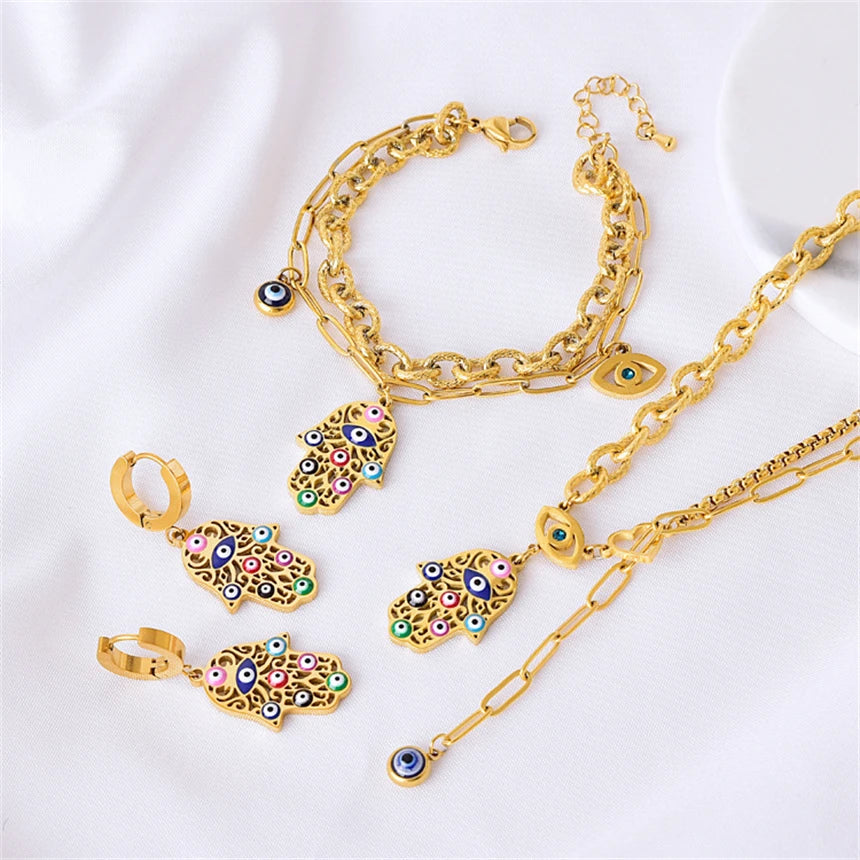 316L Stainless Steel Colored Oil Drip Palm Eyes Pendant Charm Chain Necklaces Bracelets Earrings Fashion High Jewelry Party Gift