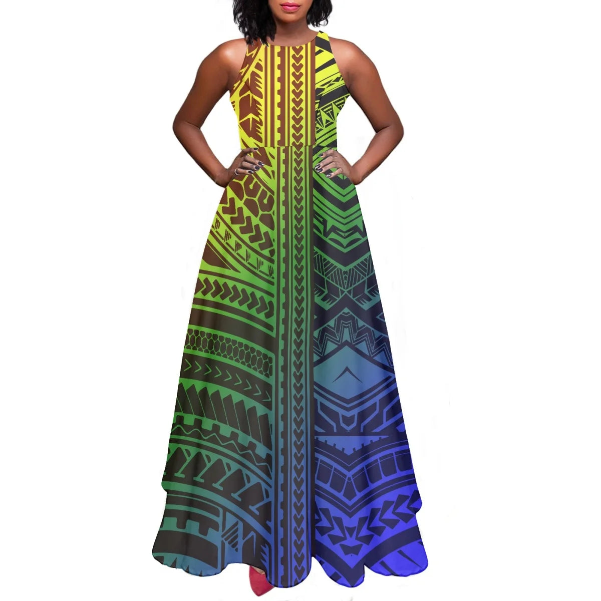 Sleeveless Large Skirt Navy Blue Tapa Traditional Print Round Neck Women Polynesian Tribal Design Casual Fashion Dress Prom