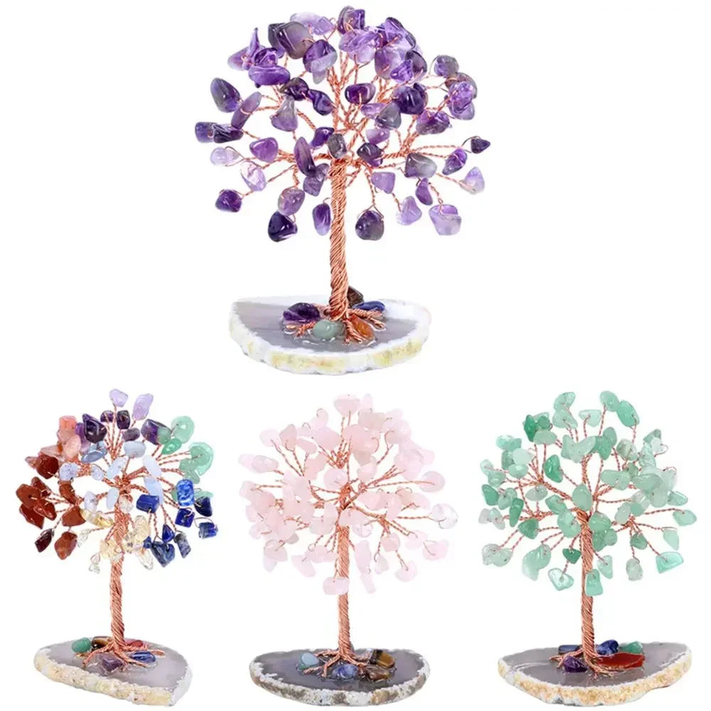 Crystal Money Tree Copper Wire Wrapped W/ Agate Slice Base Fluorite Gemstones Feng Shui Super Mini Trees Home Decor