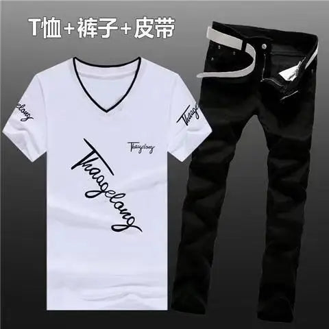 Summer Men Set Cotton T-Shirts Jeans Two Piece Suit Simple Casual T-shirt Denim Pants Sets