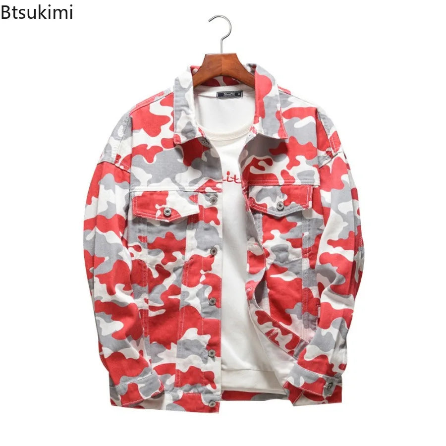 Spring Autumn Men's Fashion Denim Jackets Vintage Streetwear Loose Casual Lapel Button Camouflage Print Pockets Jean Coats Male