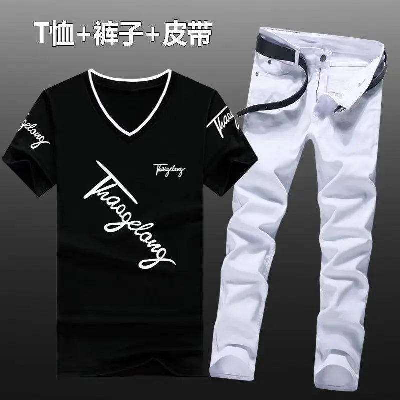 Summer Men Set Cotton T-Shirts Jeans Two Piece Suit Simple Casual T-shirt Denim Pants Sets