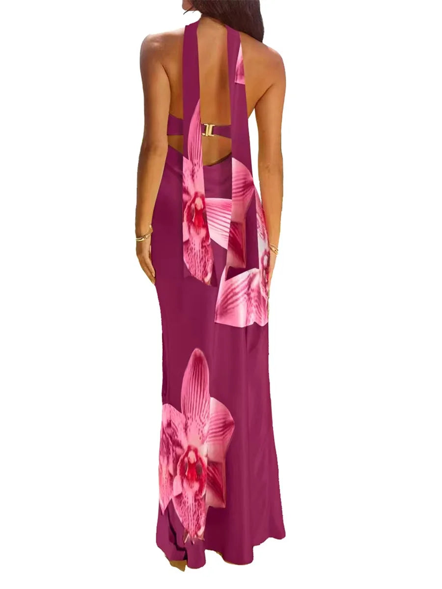 Summer Long Dress with Scarf Women Tube Dress Elegant Strapless Backless Flower Print