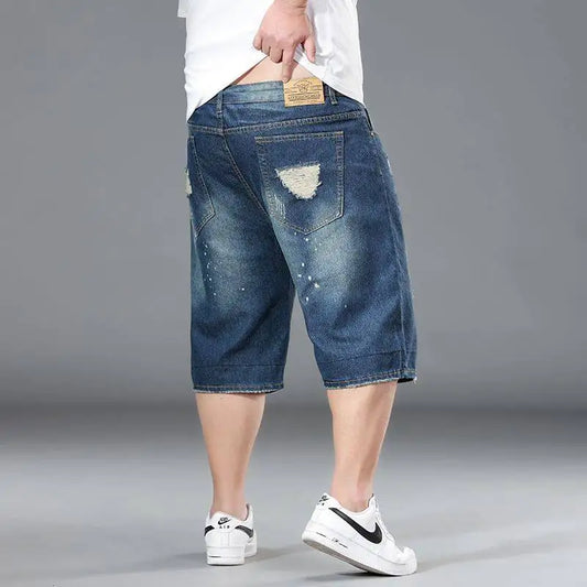 Blue Men's Denim Shorts Fashion Casual Jeans Short Pants with Pockets ripped and Scratch Decoration Asian Size 28-40 42 44 46 48