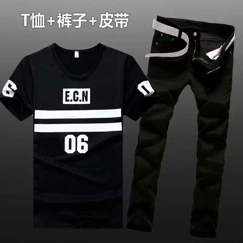 Summer Men Set Cotton T-Shirts Jeans Two Piece Suit Simple Casual T-shirt Denim Pants Sets