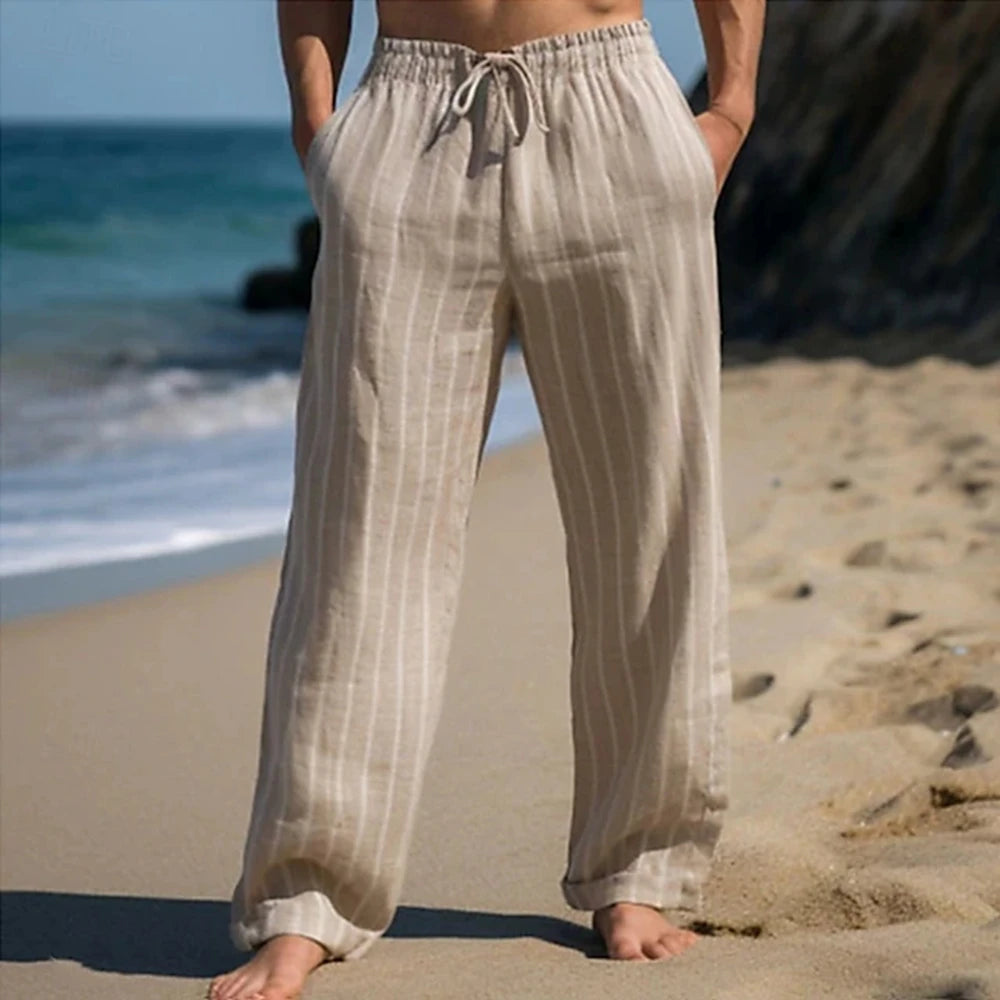 Men's Linen Pants Trousers Summer Pants Beach Pants Drawstring Elastic Waist Straight Leg Stripe Comfort Breathable Pants