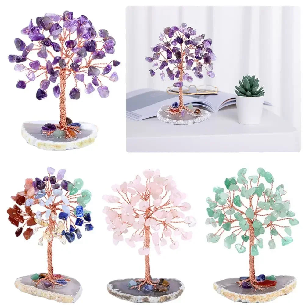 Crystal Money Tree Copper Wire Wrapped W/ Agate Slice Base Fluorite Gemstones Feng Shui Super Mini Trees Home Decor