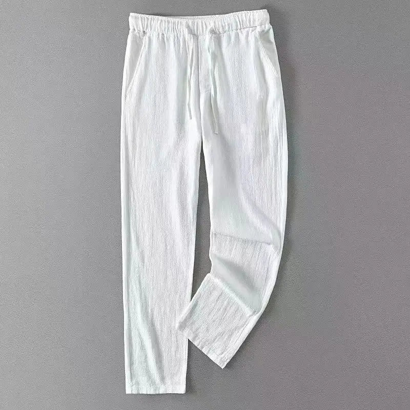 Vintage Men Pleated Cotton Linen Casual Pants Drawstring Side Zip Elastic Waist Comfort Breathable Beach Trousers Straight Pants