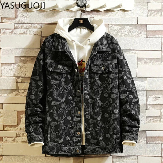 New 2025 Spring Japanese Vintage Printed Denim Jacket Men Streetwear Fashion Loose Cowboy Jean Jacket Man Clothing
