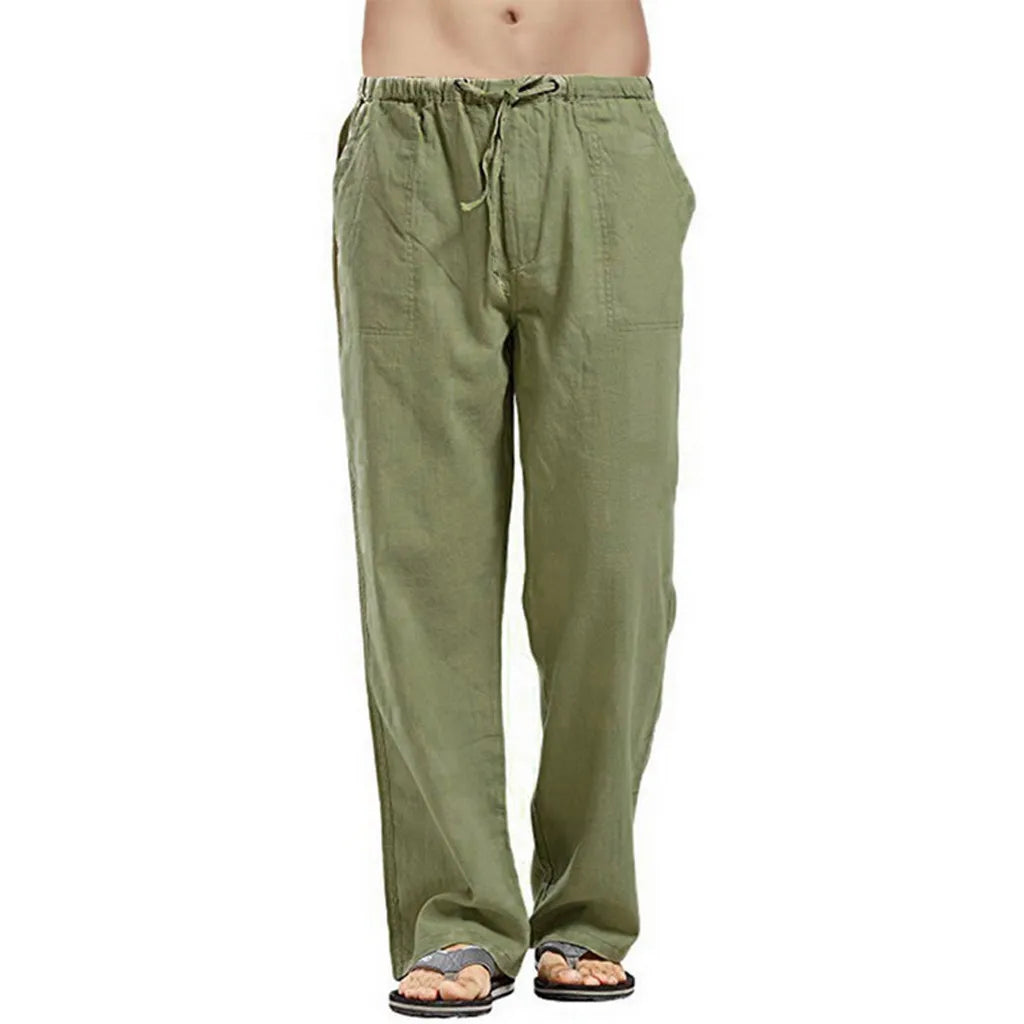 Vintage Men Pleated Cotton Linen Casual Pants Drawstring Side Zip Elastic Waist Comfort Breathable Beach Trousers Straight Pants