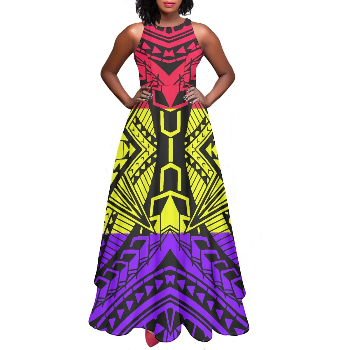 Sleeveless Large Skirt Navy Blue Tapa Traditional Print Round Neck Women Polynesian Tribal Design Casual Fashion Dress Prom