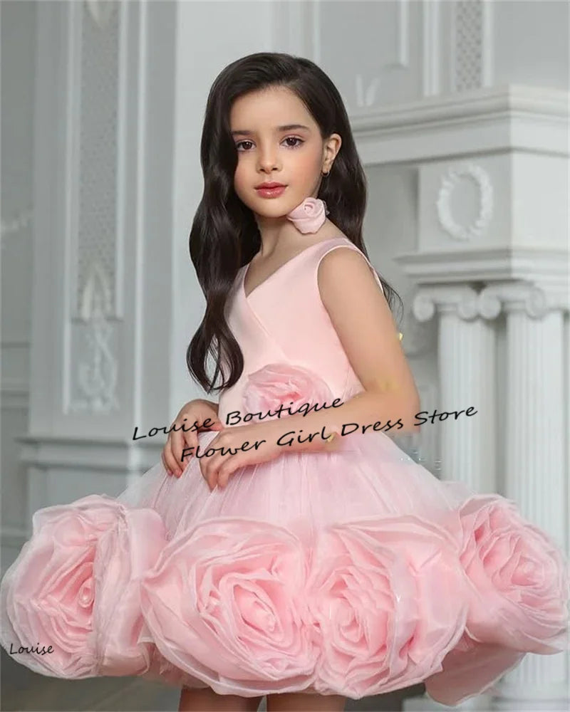 Louise Princess Pink Baby Flower Dresses 3D Flowers Sleeveless Birthday Gifts Wedding Dresses For Kids ropa de niña Customized