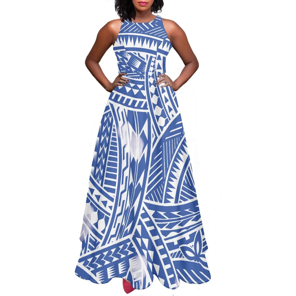 Sleeveless Large Skirt Navy Blue Tapa Traditional Print Round Neck Women Polynesian Tribal Design Casual Fashion Dress Prom