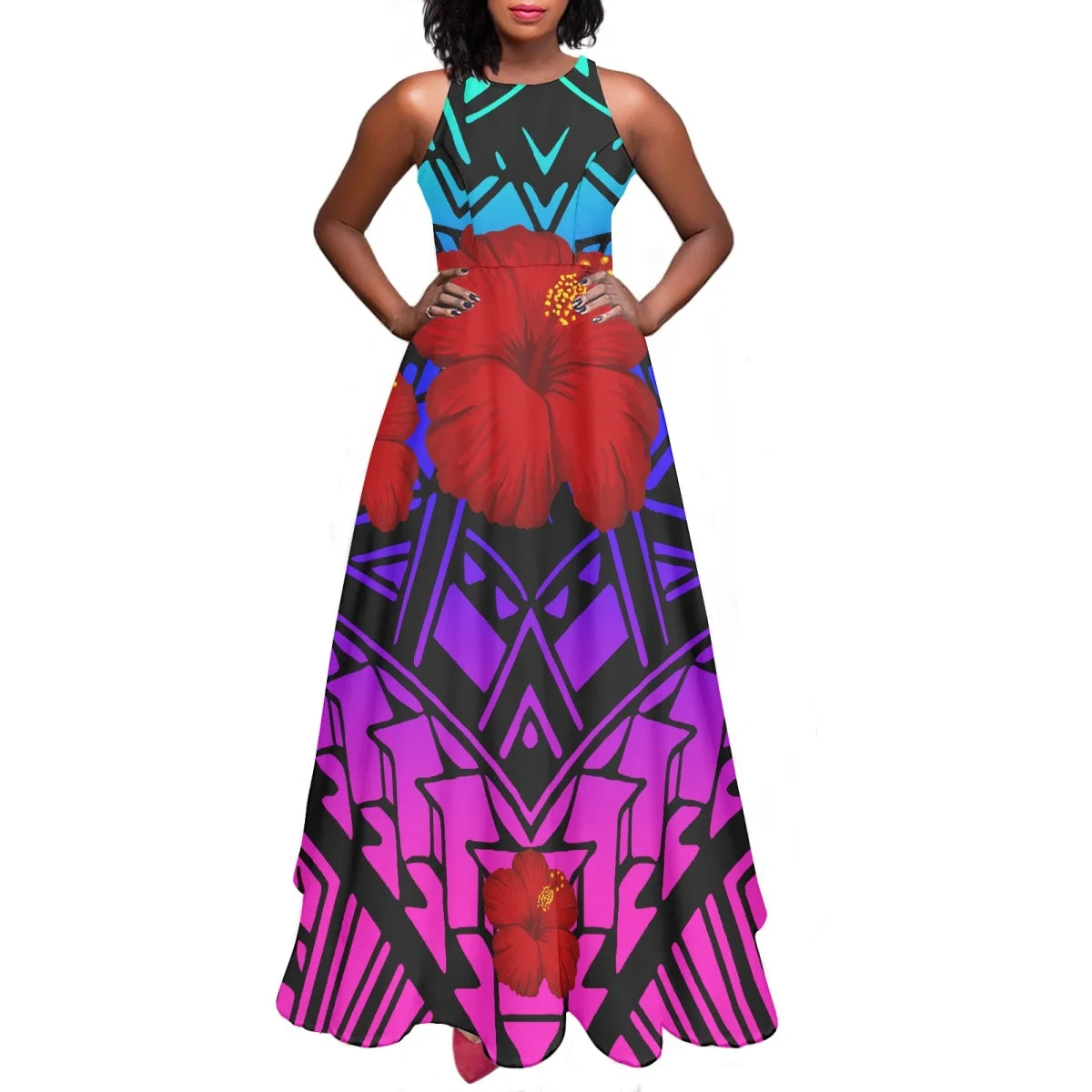 Sleeveless Large Skirt Navy Blue Tapa Traditional Print Round Neck Women Polynesian Tribal Design Casual Fashion Dress Prom