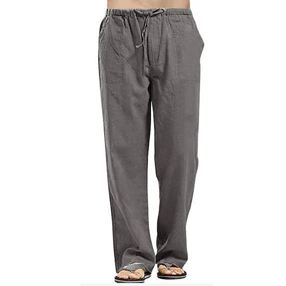 Vintage Men Pleated Cotton Linen Casual Pants Drawstring Side Zip Elastic Waist Comfort Breathable Beach Trousers Straight Pants