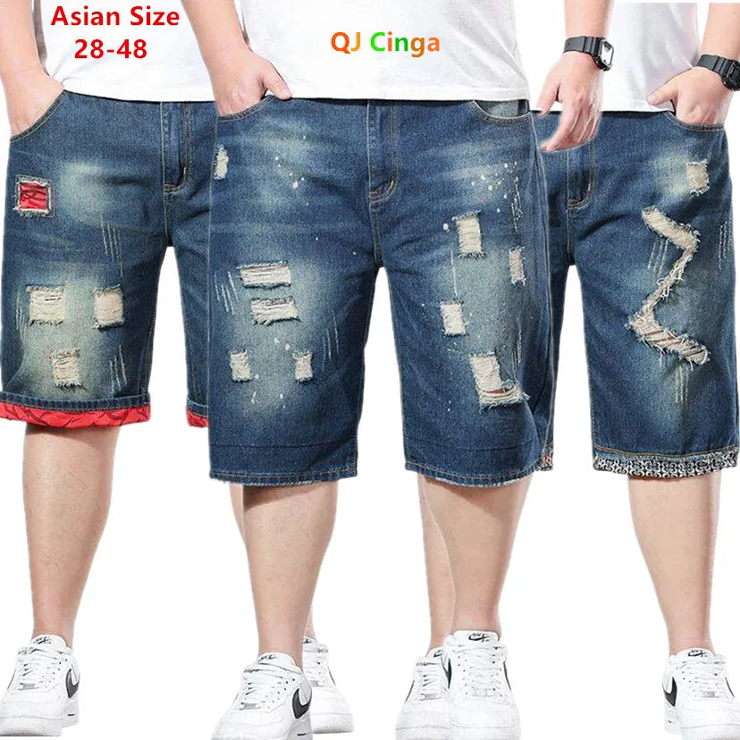 Blue Men's Denim Shorts Fashion Casual Jeans Short Pants with Pockets ripped and Scratch Decoration Asian Size 28-40 42 44 46 48