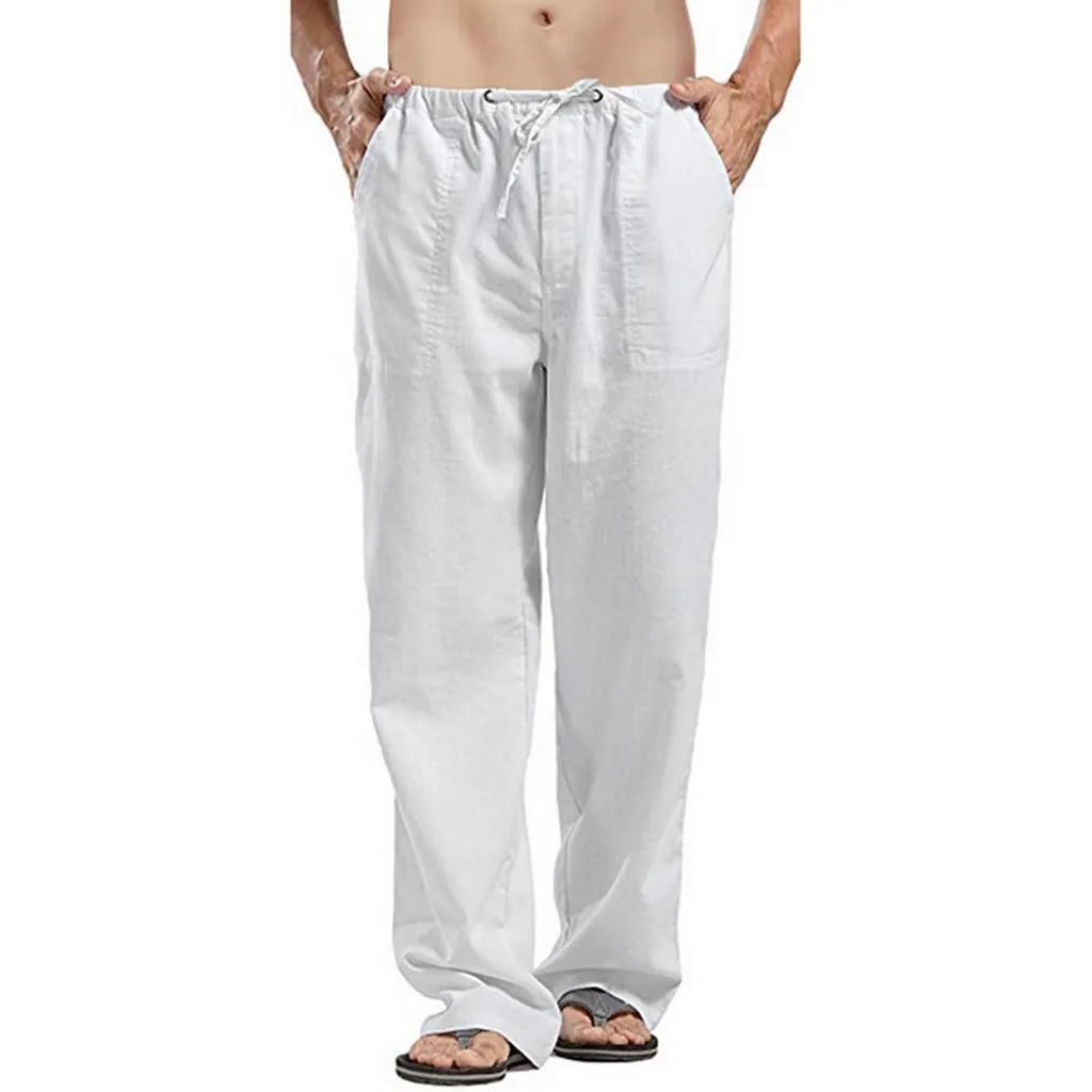 Vintage Men Pleated Cotton Linen Casual Pants Drawstring Side Zip Elastic Waist Comfort Breathable Beach Trousers Straight Pants