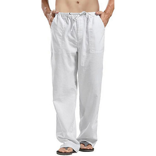 Vintage Men Pleated Cotton Linen Casual Pants Drawstring Side Zip Elastic Waist Comfort Breathable Beach Trousers Straight Pants
