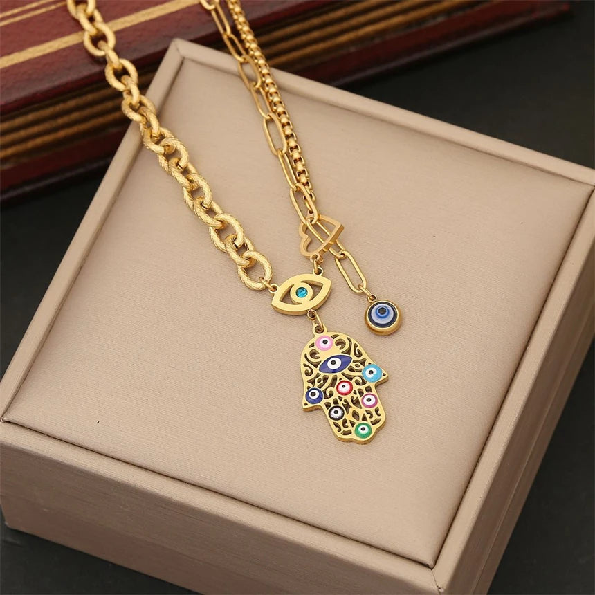 316L Stainless Steel Colored Oil Drip Palm Eyes Pendant Charm Chain Necklaces Bracelets Earrings Fashion High Jewelry Party Gift
