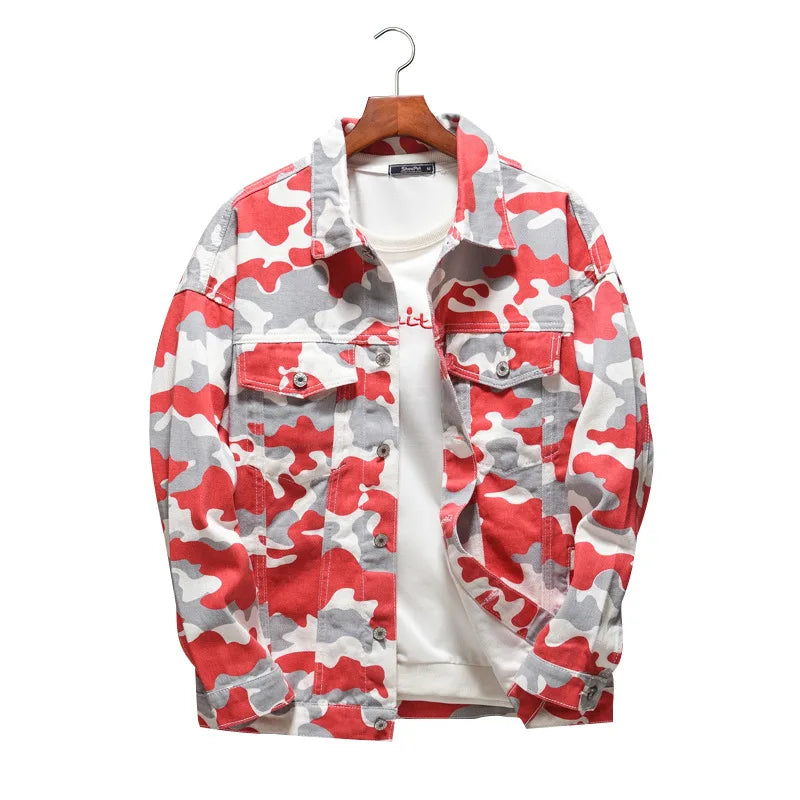 Spring Autumn Men's Fashion Denim Jackets Vintage Streetwear Loose Casual Lapel Button Camouflage Print Pockets Jean Coats Male