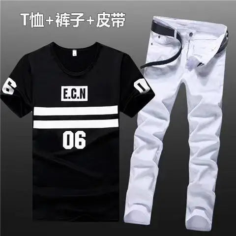 Summer Men Set Cotton T-Shirts Jeans Two Piece Suit Simple Casual T-shirt Denim Pants Sets
