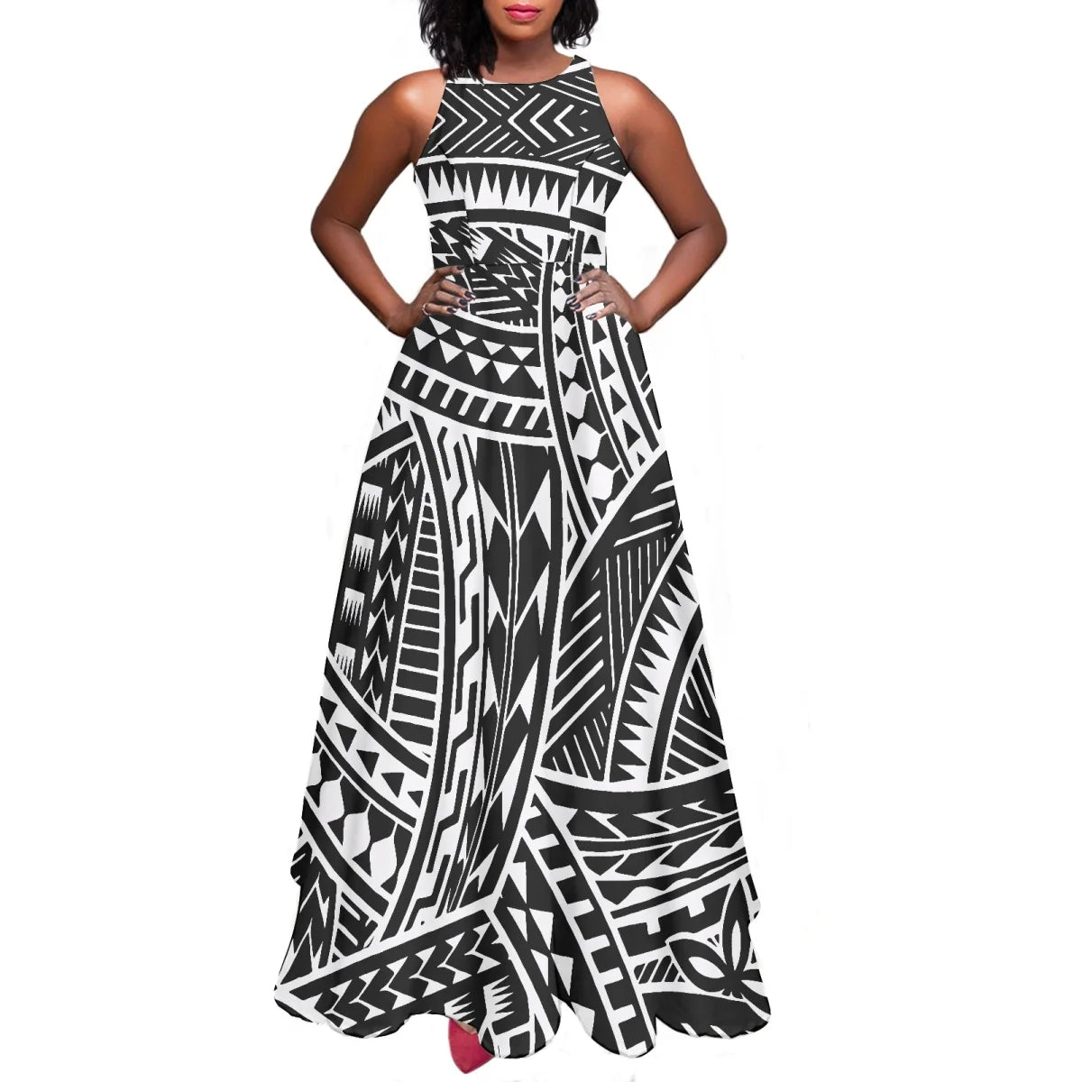 Sleeveless Large Skirt Navy Blue Tapa Traditional Print Round Neck Women Polynesian Tribal Design Casual Fashion Dress Prom