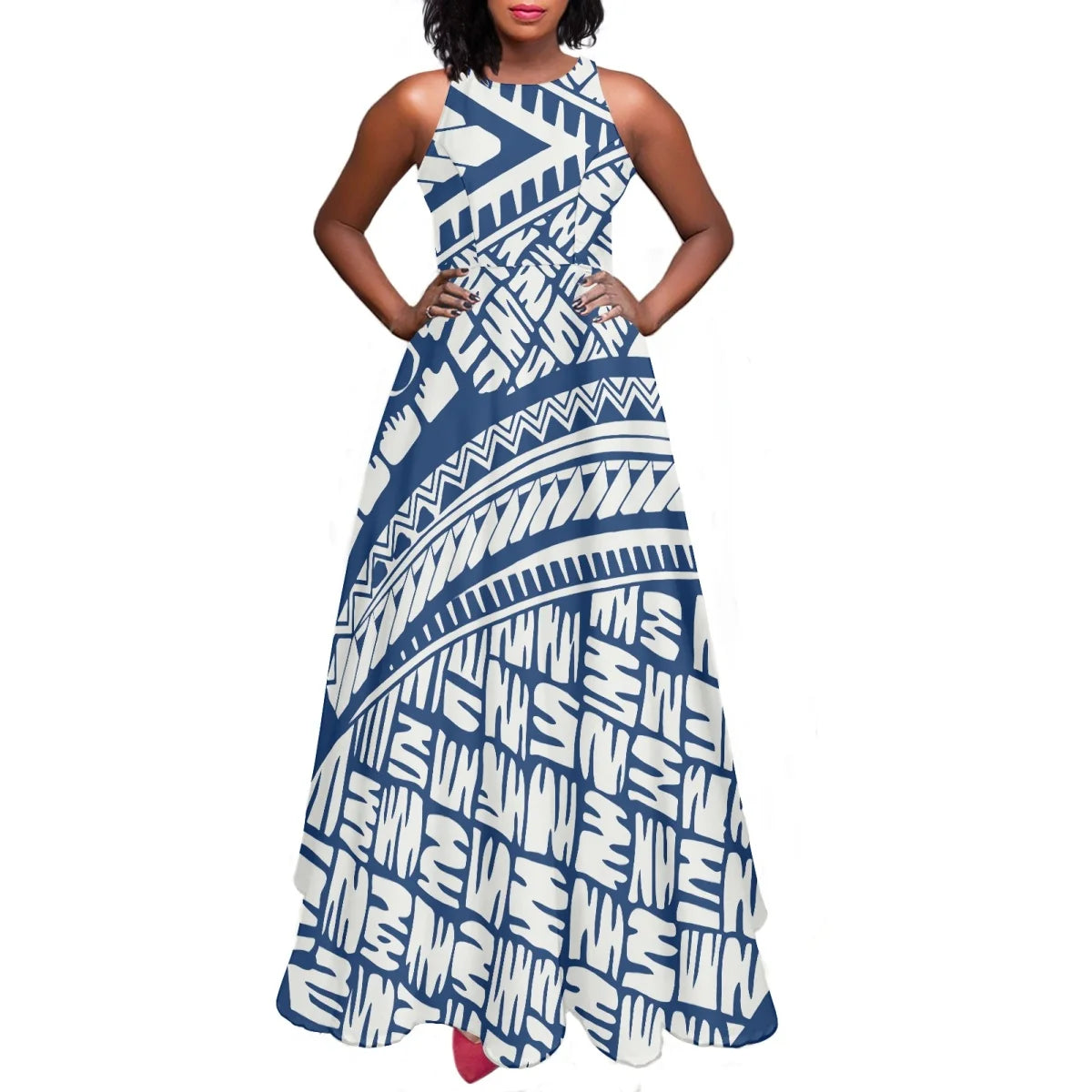 Sleeveless Large Skirt Navy Blue Tapa Traditional Print Round Neck Women Polynesian Tribal Design Casual Fashion Dress Prom