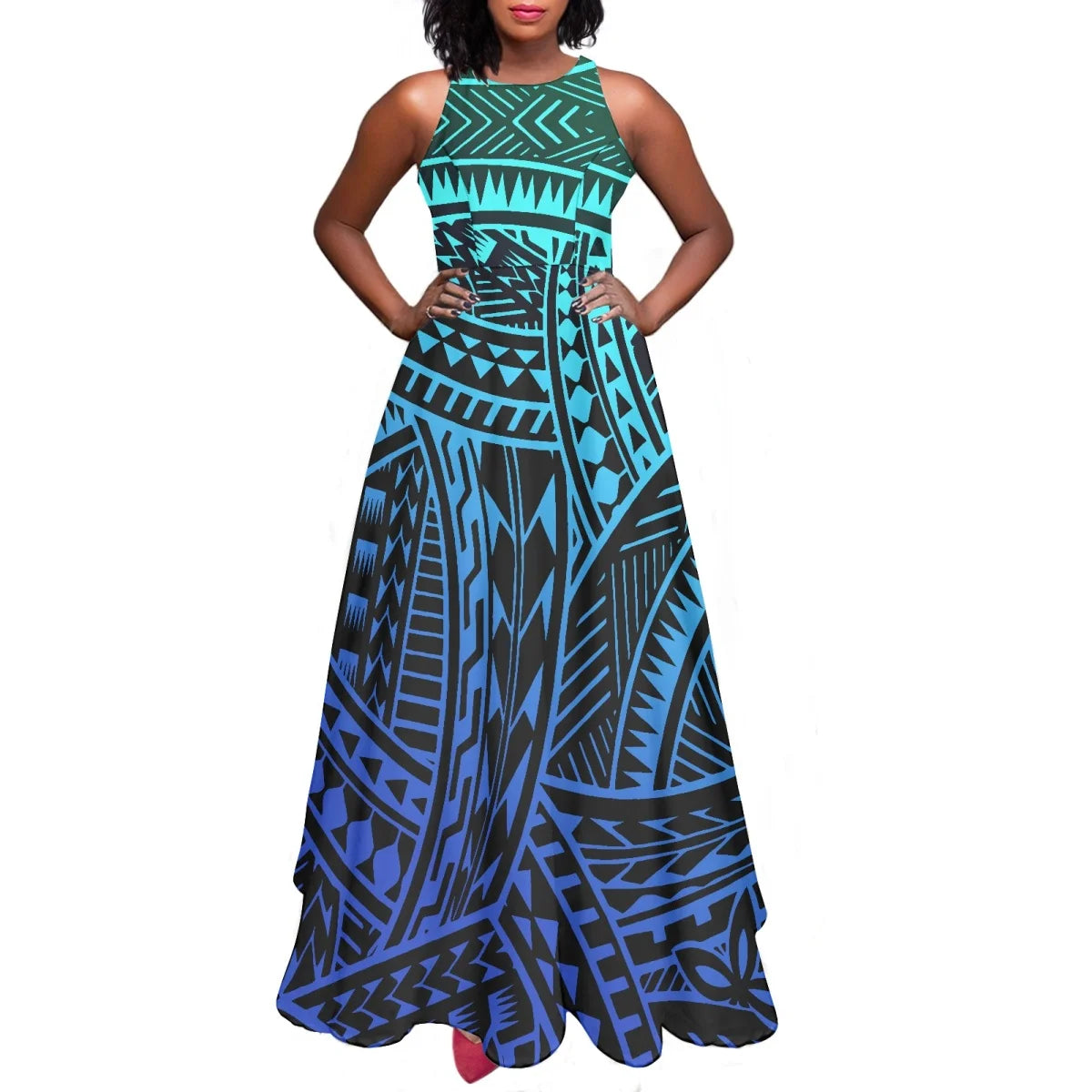 Sleeveless Large Skirt Navy Blue Tapa Traditional Print Round Neck Women Polynesian Tribal Design Casual Fashion Dress Prom