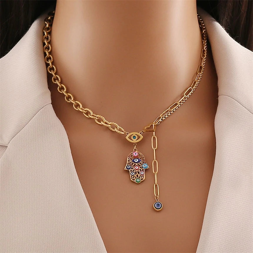 316L Stainless Steel Colored Oil Drip Palm Eyes Pendant Charm Chain Necklaces Bracelets Earrings Fashion High Jewelry Party Gift